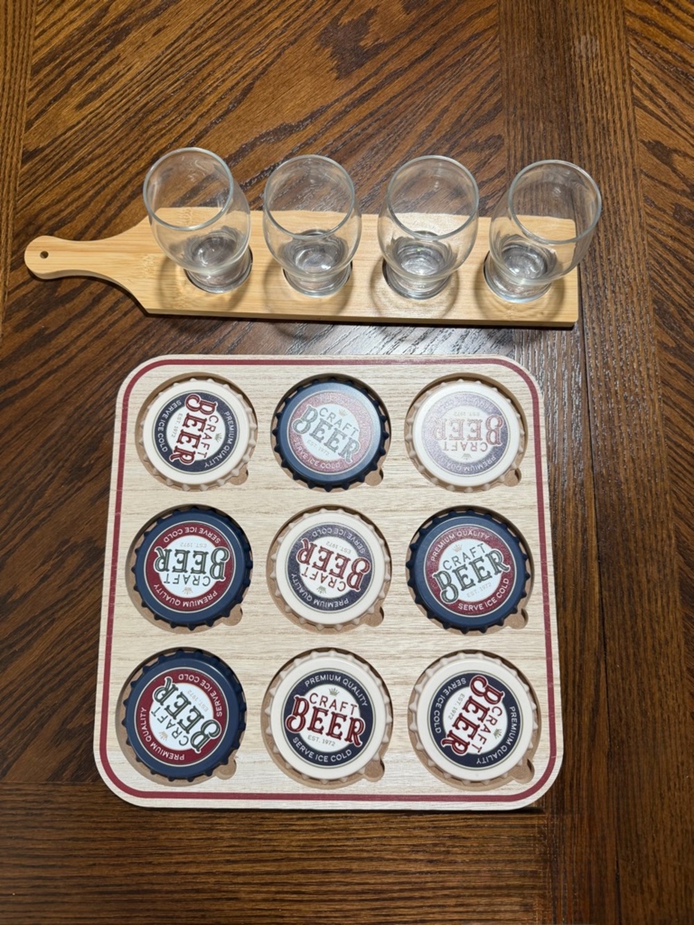 Wooden Beer Flight Paddle and craft beer game perfect for entertaining